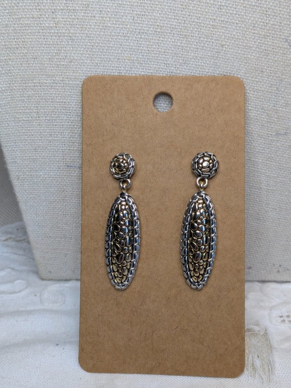 Two‑Tone Textured Oval Dangle Earrings – Sculptural Artisan Style - Picture 1 of 6